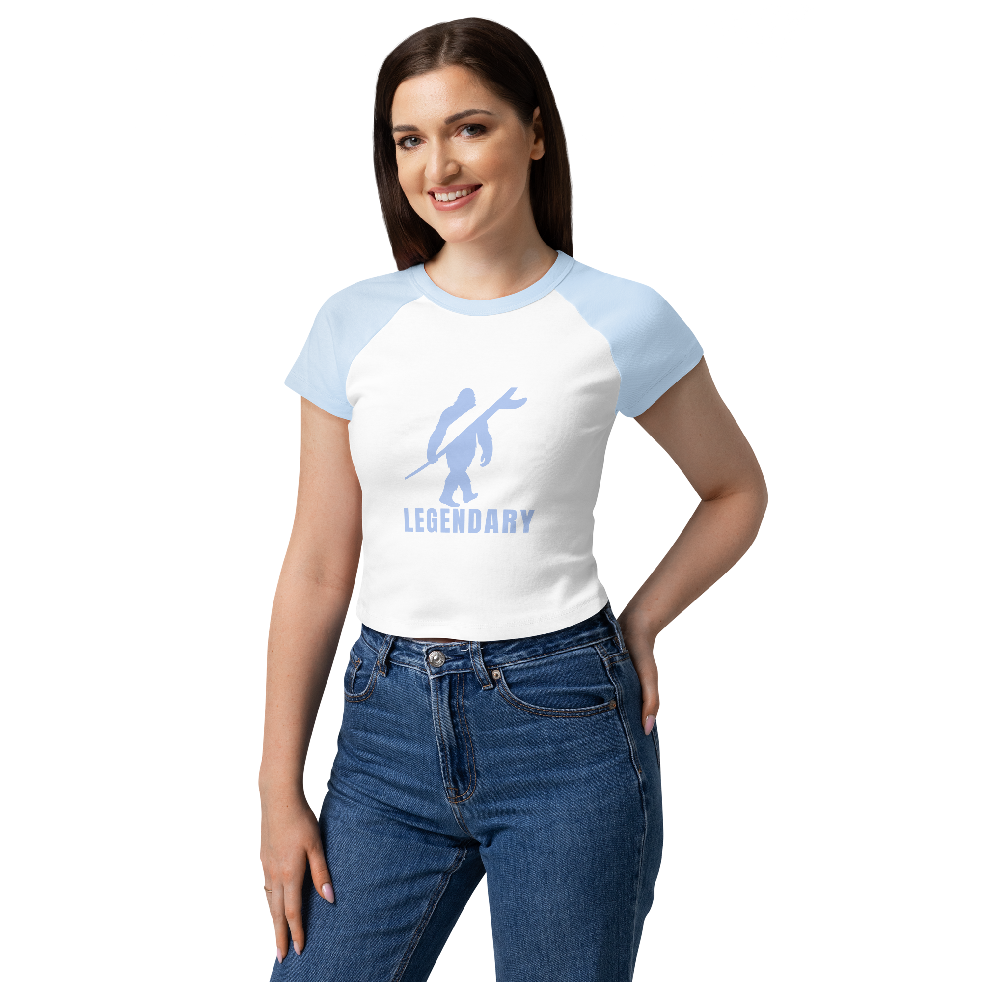 Legendary Women’s Raglan Baby Tee – Powder Blue & White